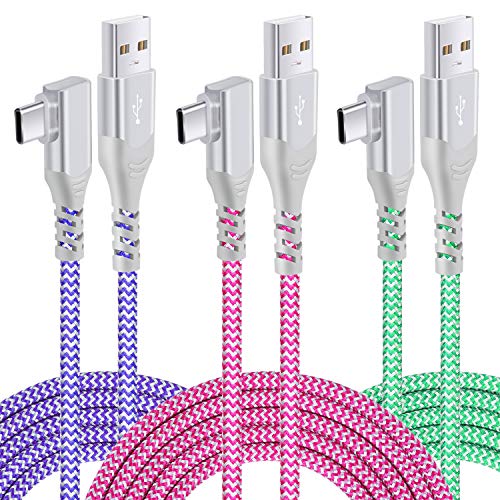 USB Type C Cable Fast Charging [3Pack,10ft], USB C Cable Right Angle 90 Degree USB A to Type C Fast Charger Compatible for Samsung S22+Ultra S21 S20 S10 S9 Plus Note 20 10-Purple,Green,Rose