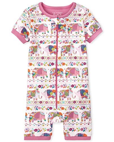 Single Baby Toddler Girls Snug Fit 100% Cotton Zip-Front One Piece Footed Pajama, Elephant Allover, 3-6 Months