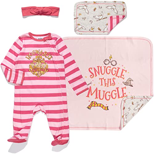 Baby Girls Sleep N' Play Coverall Headband Burp Cloth and Blanket 4 Piece Outfit Set Pink 0-6 Months