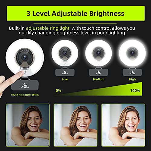 60FPS 1080P Streaming Webcam with Wireless Earbuds, AutoFocus USB Web Camera with Ring Light & Privacy Cover, Active Noise Cancelling Earphones, for Zoom/Skype/Teams/Webex, MAC PC