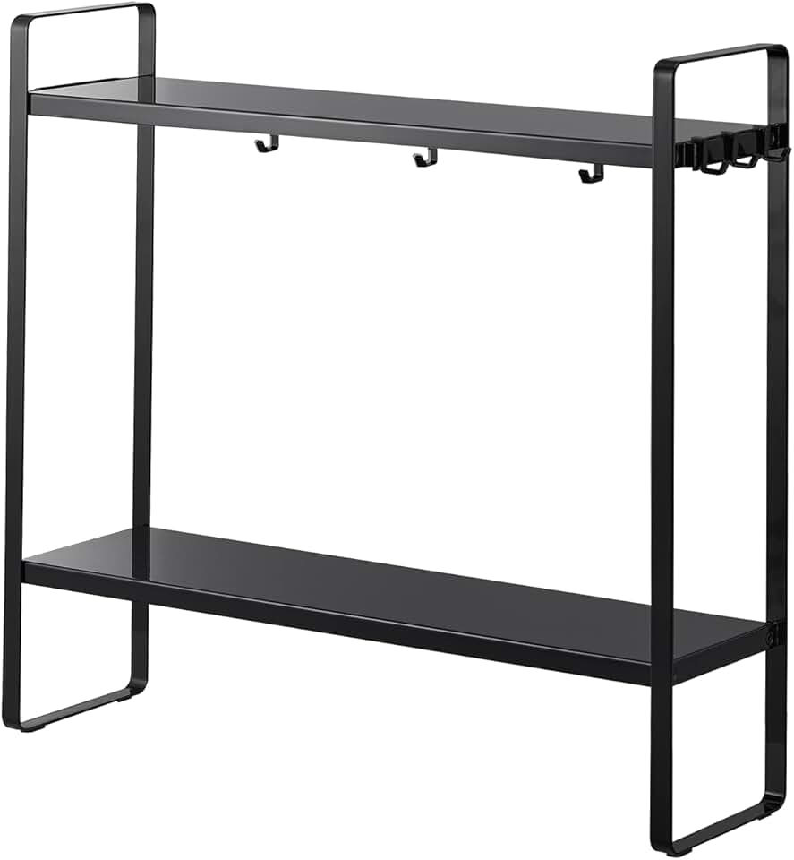 Compact 2-Shelf Steel Kitchen Storage Rack with Hooks