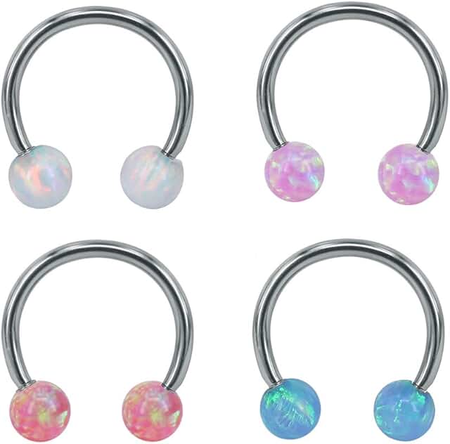 Set of 4 Steel Opal Horseshoe and Bead Piercing Rings