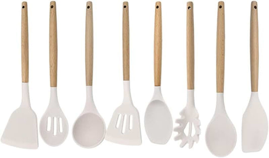 Pink Silicone Kitchen Utensil Set with Wooden Handles