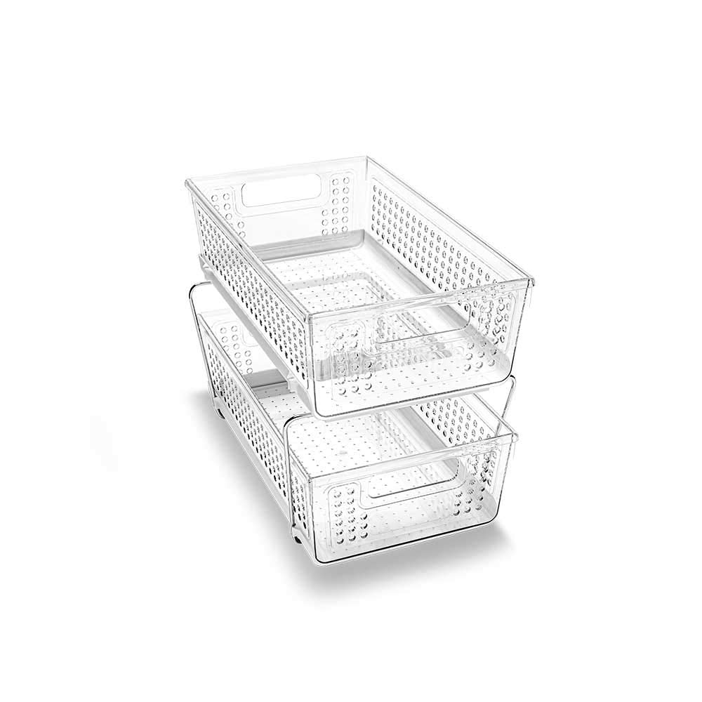 2 Tier Organizer, Multi-Purpose Slide-Out Storage Baskets with Handles, Pack of 1, Clear