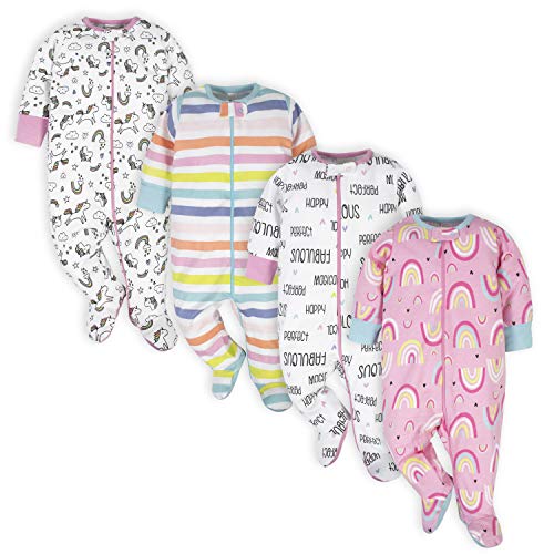 Baby Girls' 4-Pack Sleep 'N Play Footies Multi Pack, Pink Unicorns, 0-3 Months