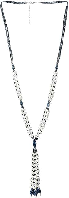 Long layered pearl and crystal bead necklace