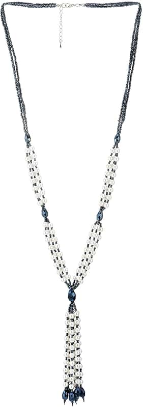Long layered pearl and crystal bead necklace