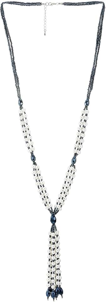 Long layered pearl and crystal bead necklace