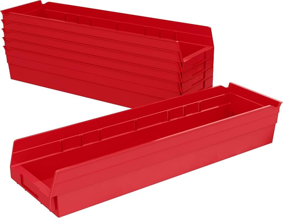 Heavy Duty Plastic Shelf Bins, 6-Pack, Red