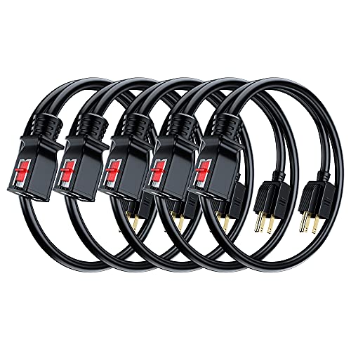 Extension Cord 1ft with New Locking Feature, Power Cable 3 Prong Plug Connector, Outdoor Rated 16AWG (Black, 5 Pack)