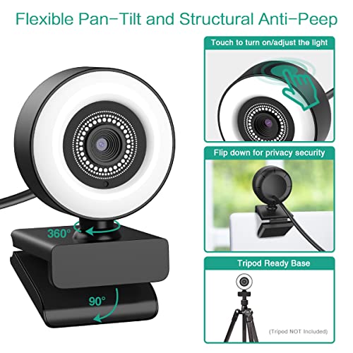 Streaming Webcam with Ring Light, (Upgraded Version) HD Webcam with Microphone, 3-Level Brightness, Web Camera for Zoom Meeting, YouTube Facebook Streamer, Online Learning