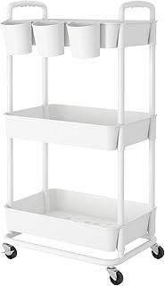 3-Tier Plastic Rolling Storage Cart with Handles and Lockable Wheels