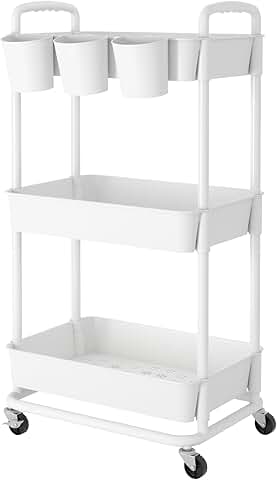 3-Tier Plastic Rolling Storage Cart with Handles and Lockable Wheels