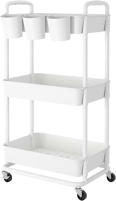 3-Tier Plastic Rolling Storage Cart with Handles and Lockable Wheels