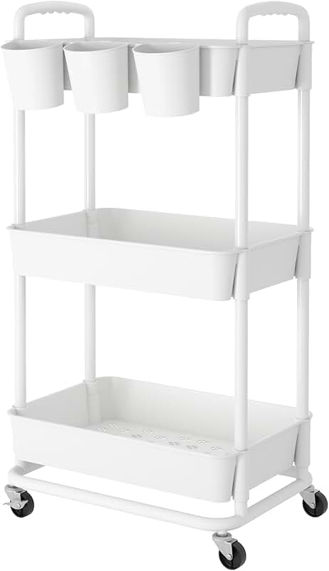 3-Tier Plastic Rolling Storage Cart with Handles and Lockable Wheels