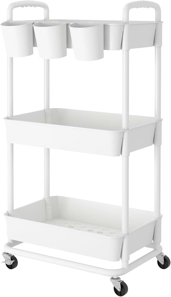 3-Tier Plastic Rolling Storage Cart with Handles and Lockable Wheels