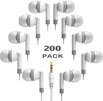 200 Pack of Durable Wired Earbuds for School and Kids