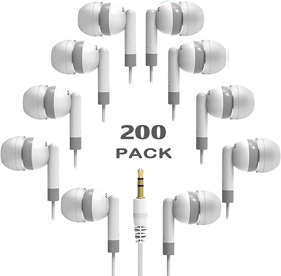 200 Pack of Durable Wired Earbuds for School and Kids