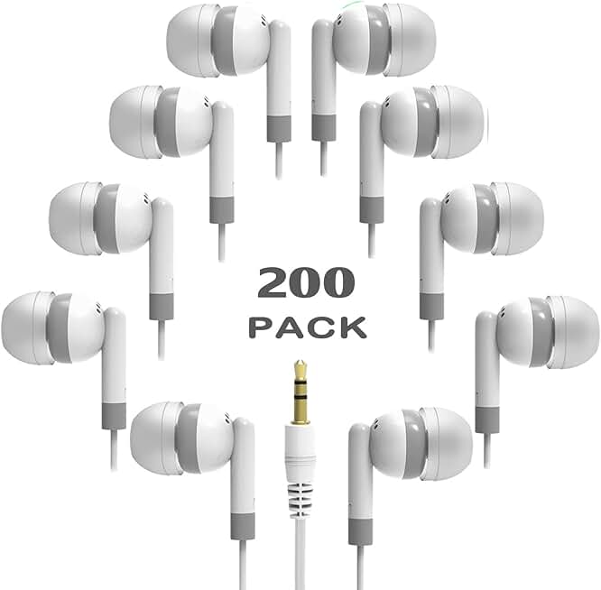 200 Pack of Durable Wired Earbuds for School and Kids