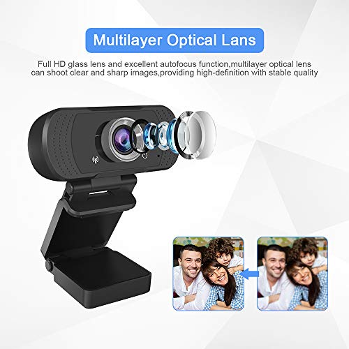 Webcam with Microphone - 1080p Full HD USB Camera, 30fps, Wide-Angle Video Capture - Auto-Light Correction - Plug & Play Cam for Laptop, Desktop Computer & Mac - Adjustable Clip