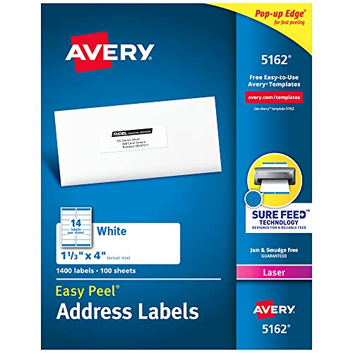 Easy peel mailing labels for laser printers, 1.33 x 4 inches, white, box of 1400