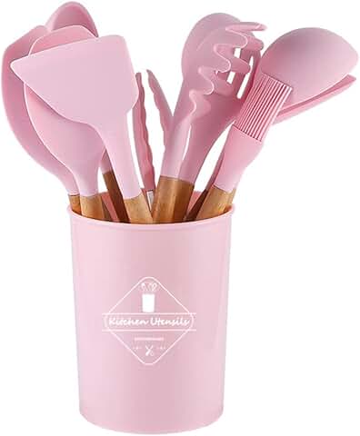 12-Piece Silicone Kitchen Utensil Set with Wooden Handles