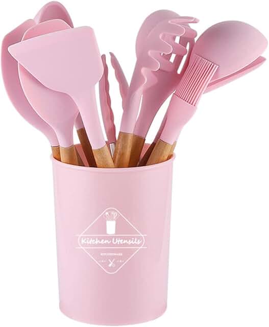 12-Piece Silicone Kitchen Utensil Set with Wooden Handles