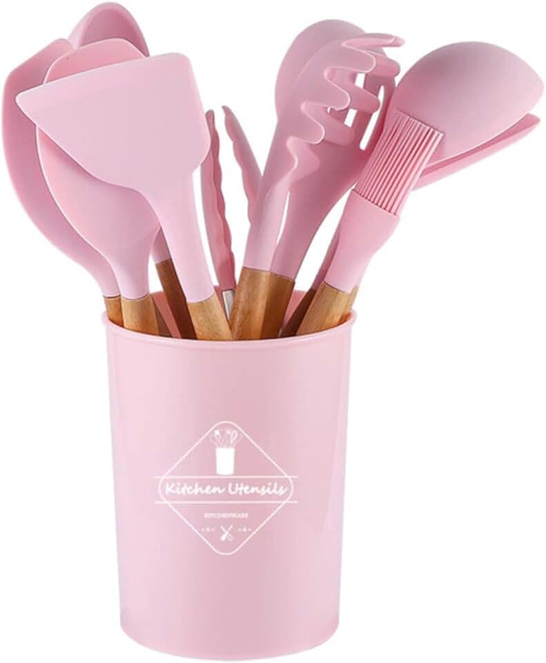 12-Piece Silicone Kitchen Utensil Set with Wooden Handles