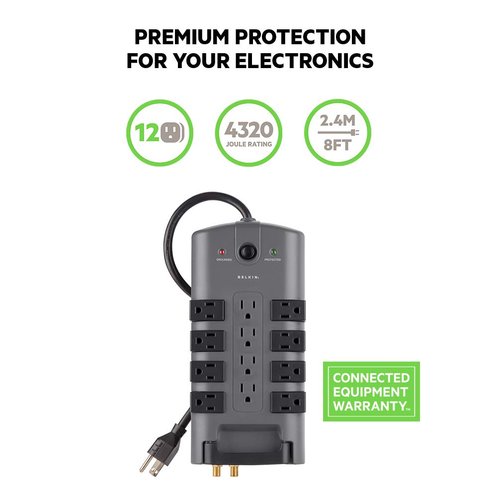 Surge Protector w/ Rotating & Standard Outlets + 8ft Sturdy Cord with Flat Pivot Plug for Home, Office, Travel, Desktop & Charging Brick, 4320 Joules