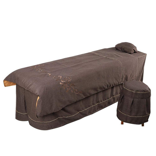 4Pcs Beauty Salon Bedding Sets, Mage Table Cover Set, Mage Sheets with Face Hole Duvet Cover Bed Quilt Pillow Stool Cover(Dark Coffee)