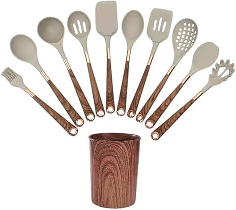 11-Piece Silicone Kitchen Utensil Set with Wooden Handles