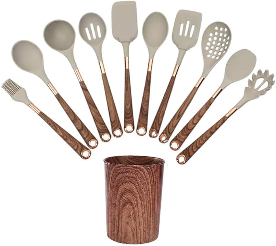 11-Piece Silicone Kitchen Utensil Set with Wooden Handles