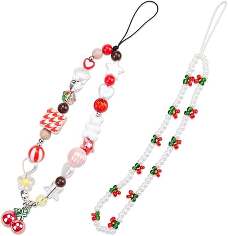 Two Handcrafted Cherry Beaded Phone Charms