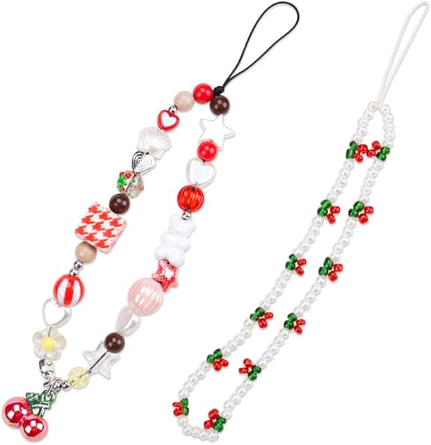 Two Handcrafted Cherry Beaded Phone Charms