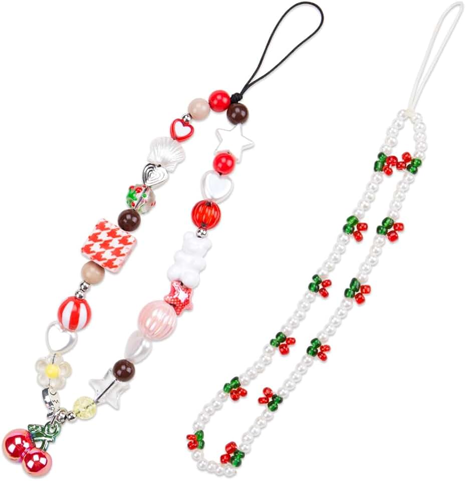 Two Handcrafted Cherry Beaded Phone Charms