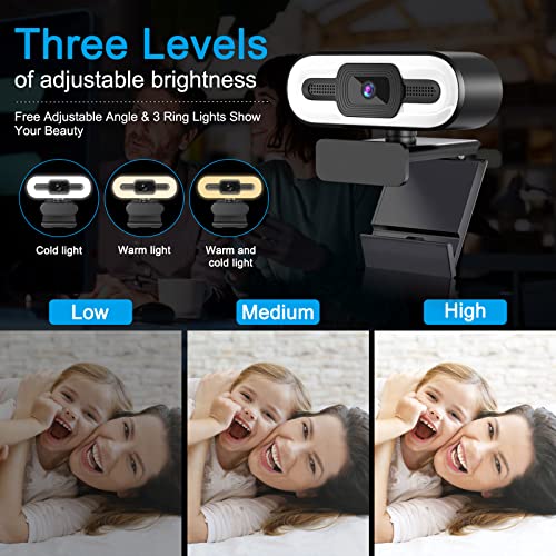 2K Webcam with Microphone, Full HD Streaming Webcam with Ring Light 3 Level Adjustable, PC Computer Camera for Desktop with Tripod and Privacy Cover for Recording, Calling, Conferencing