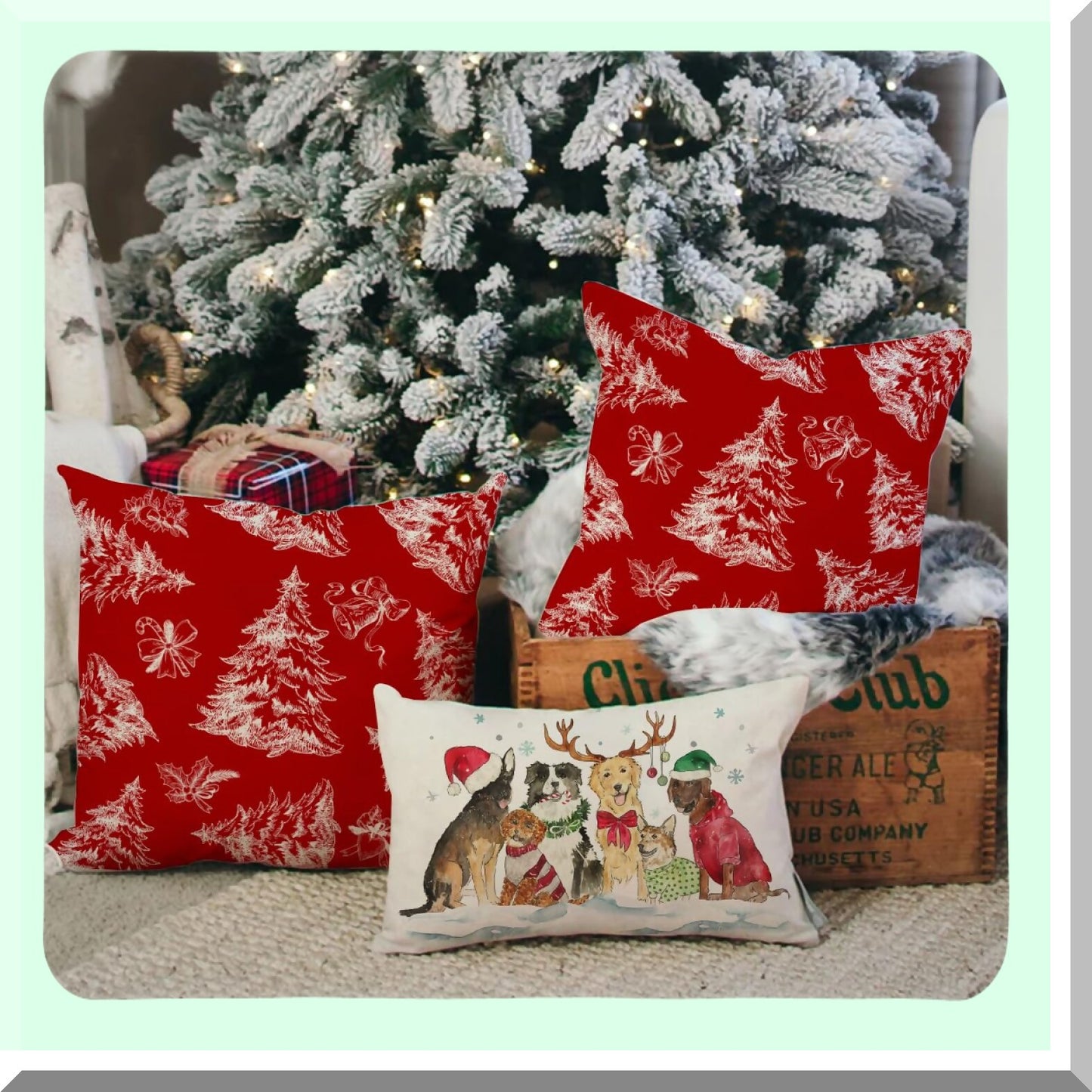 Winter Wonderland Pillowcase Set - 18x18 Decorative Cushion Covers for Sofa & Bed, Holiday Tree Print Farmhouse Linen Outdoor Pillows, Couch Decor