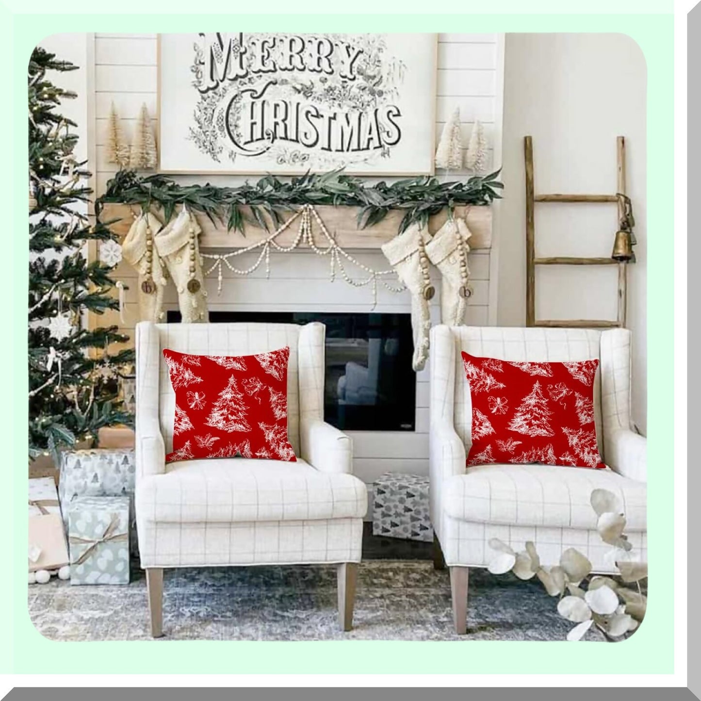 Winter Wonderland Pillowcase Set - 18x18 Decorative Cushion Covers for Sofa & Bed, Holiday Tree Print Farmhouse Linen Outdoor Pillows, Couch Decor