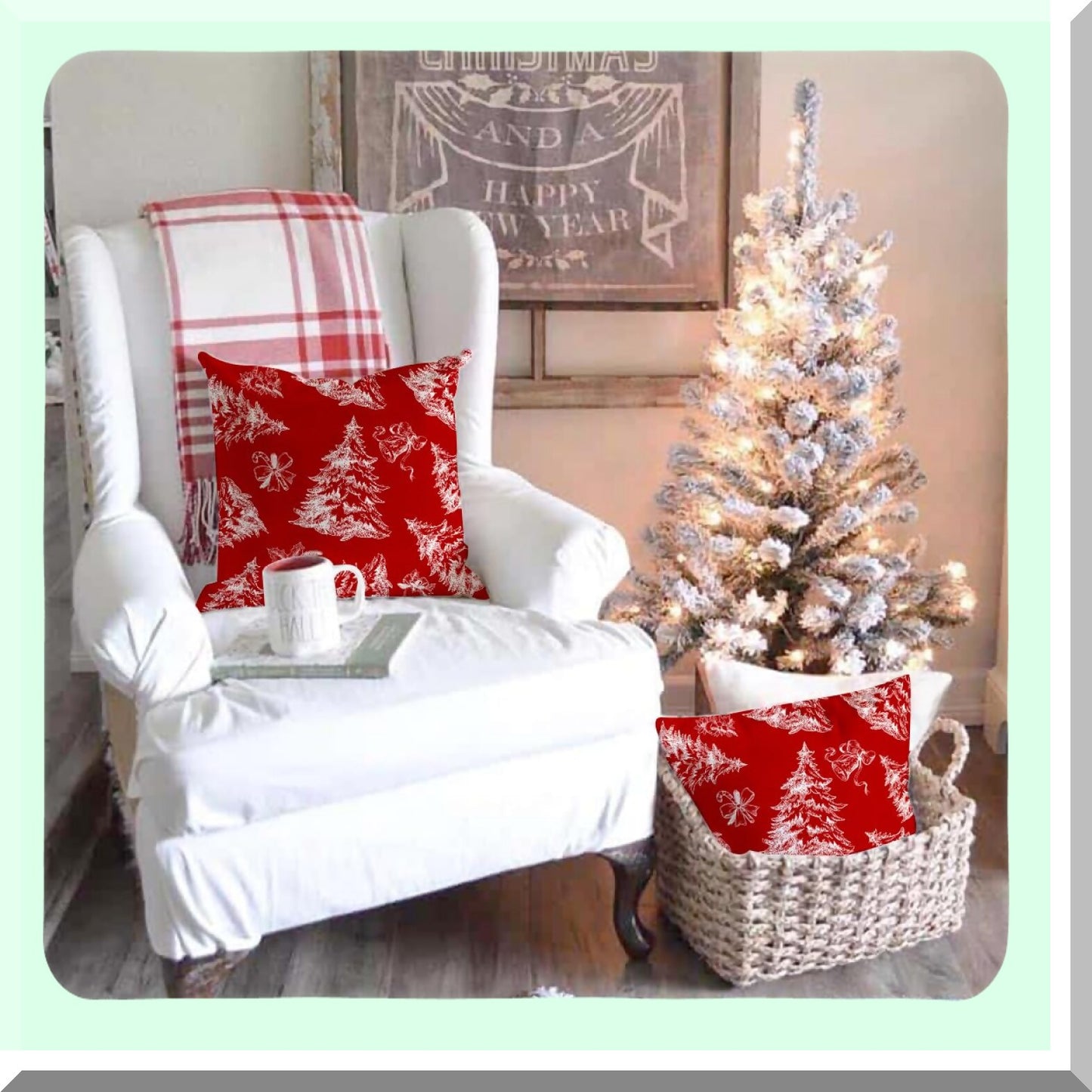 Winter Wonderland Pillowcase Set - 18x18 Decorative Cushion Covers for Sofa & Bed, Holiday Tree Print Farmhouse Linen Outdoor Pillows, Couch Decor
