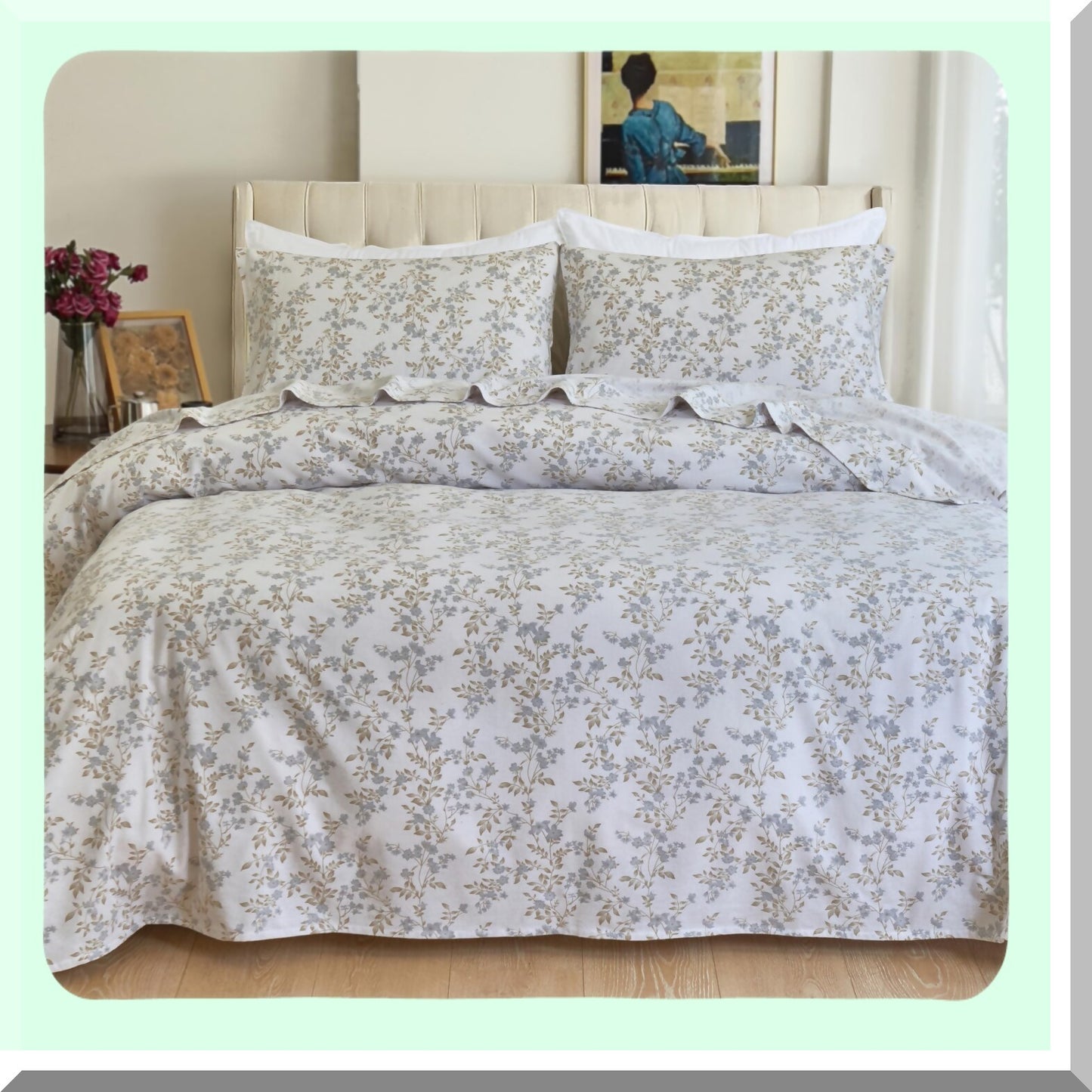 Maya Flower CozySoft 4-Piece Cotton Flannel Sheet Set - Premium Quality Deep Pocket Fitted Sheet - Ultra Soft Warm Anti-Pill Queen Sheets