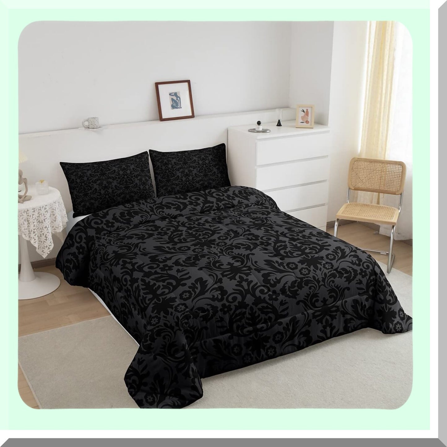 Victorian Gothic Black Damask Comforter Set - Twin Size Bedding with Vintage Floral Design, Bohemian Exotic Quilted Decor and 1 Pillow Case for Adults