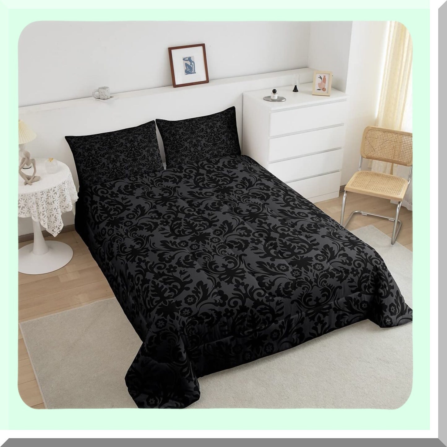 Victorian Gothic Black Damask Comforter Set - Twin Size Bedding with Vintage Floral Design, Bohemian Exotic Quilted Decor and 1 Pillow Case for Adults