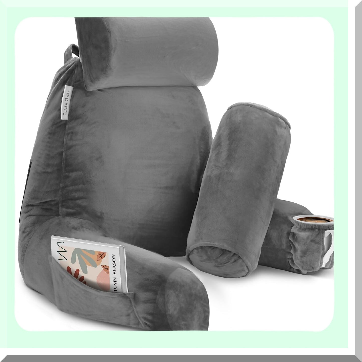 MemoryMax Backrest - Large Memory Foam Reading Pillow for Sitting Up in Bed, Supportive Grey Sit Up Pillow with Arms and Pockets for Adults