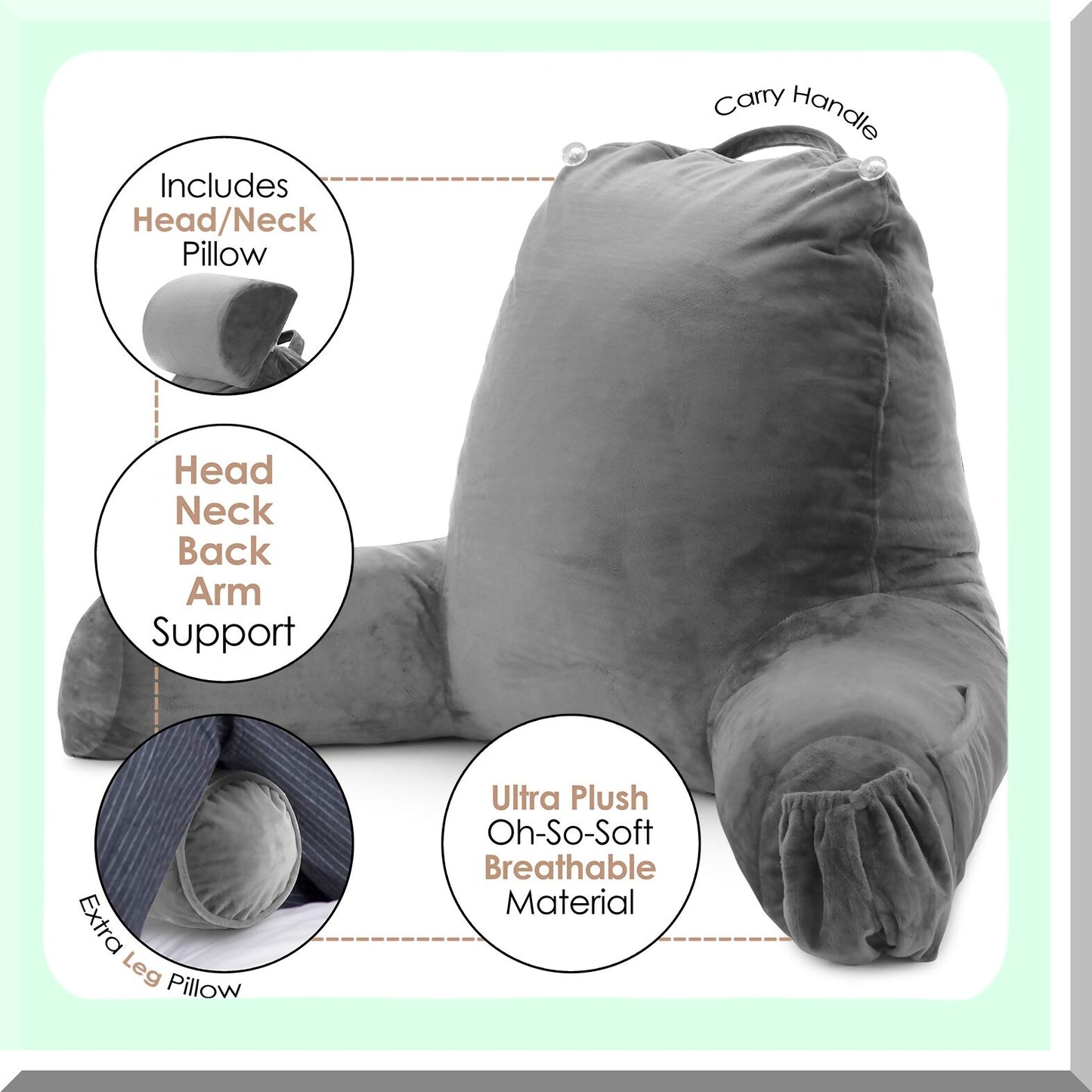 MemoryMax Backrest - Large Memory Foam Reading Pillow for Sitting Up in Bed, Supportive Grey Sit Up Pillow with Arms and Pockets for Adults
