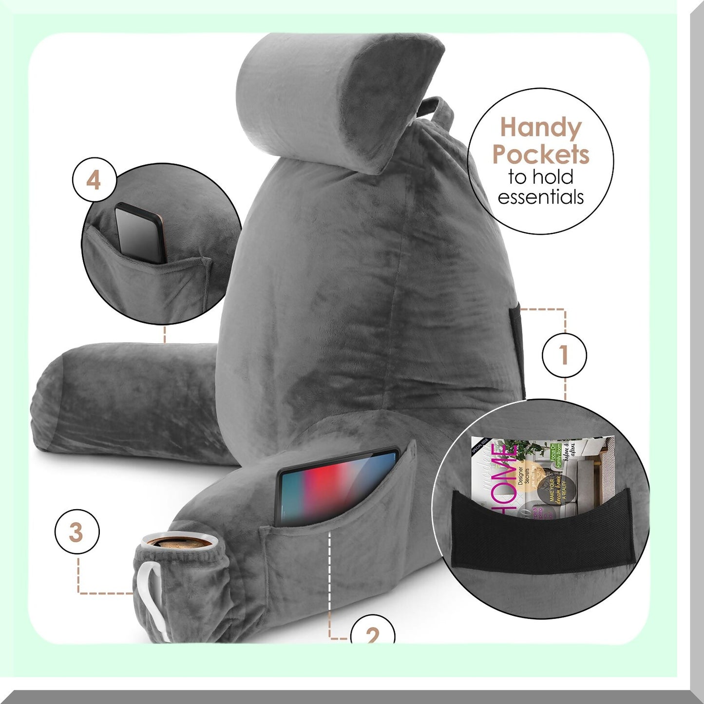 MemoryMax Backrest - Large Memory Foam Reading Pillow for Sitting Up in Bed, Supportive Grey Sit Up Pillow with Arms and Pockets for Adults
