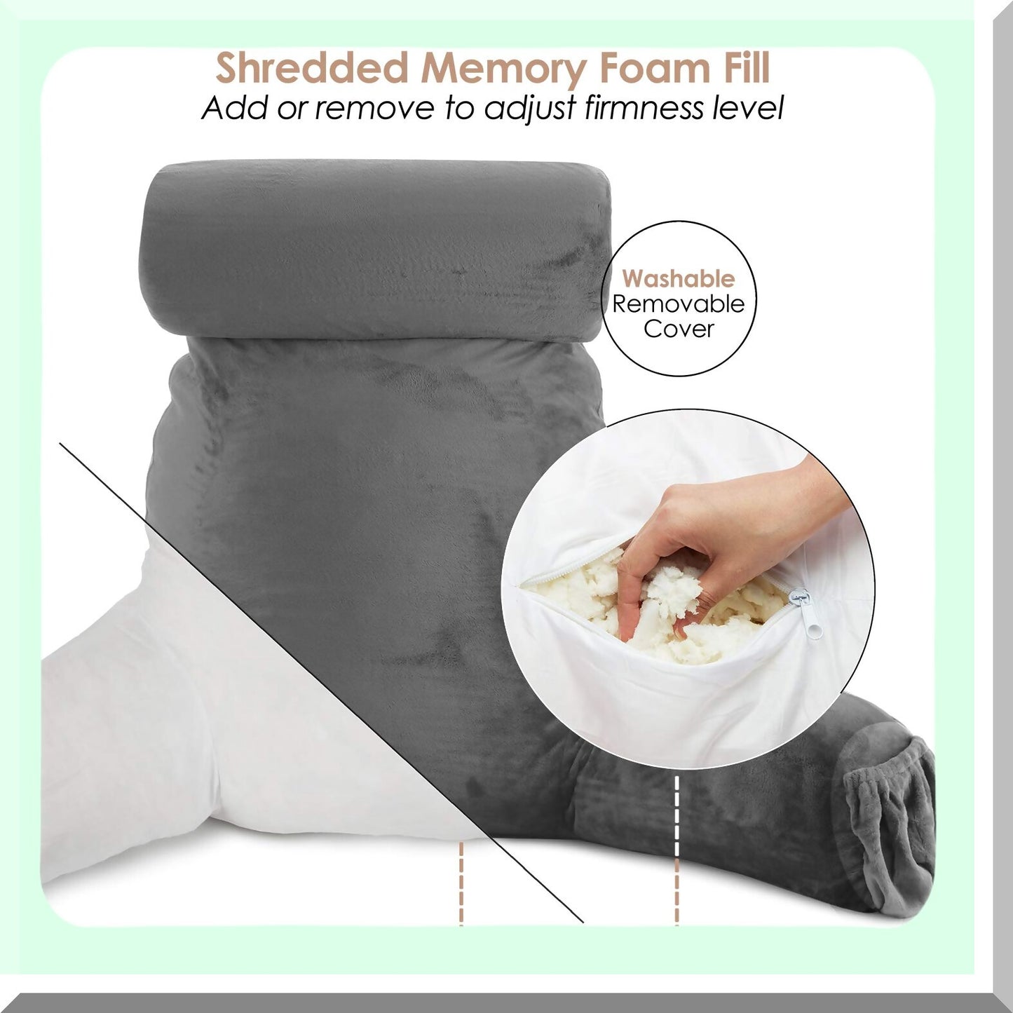 MemoryMax Backrest - Large Memory Foam Reading Pillow for Sitting Up in Bed, Supportive Grey Sit Up Pillow with Arms and Pockets for Adults