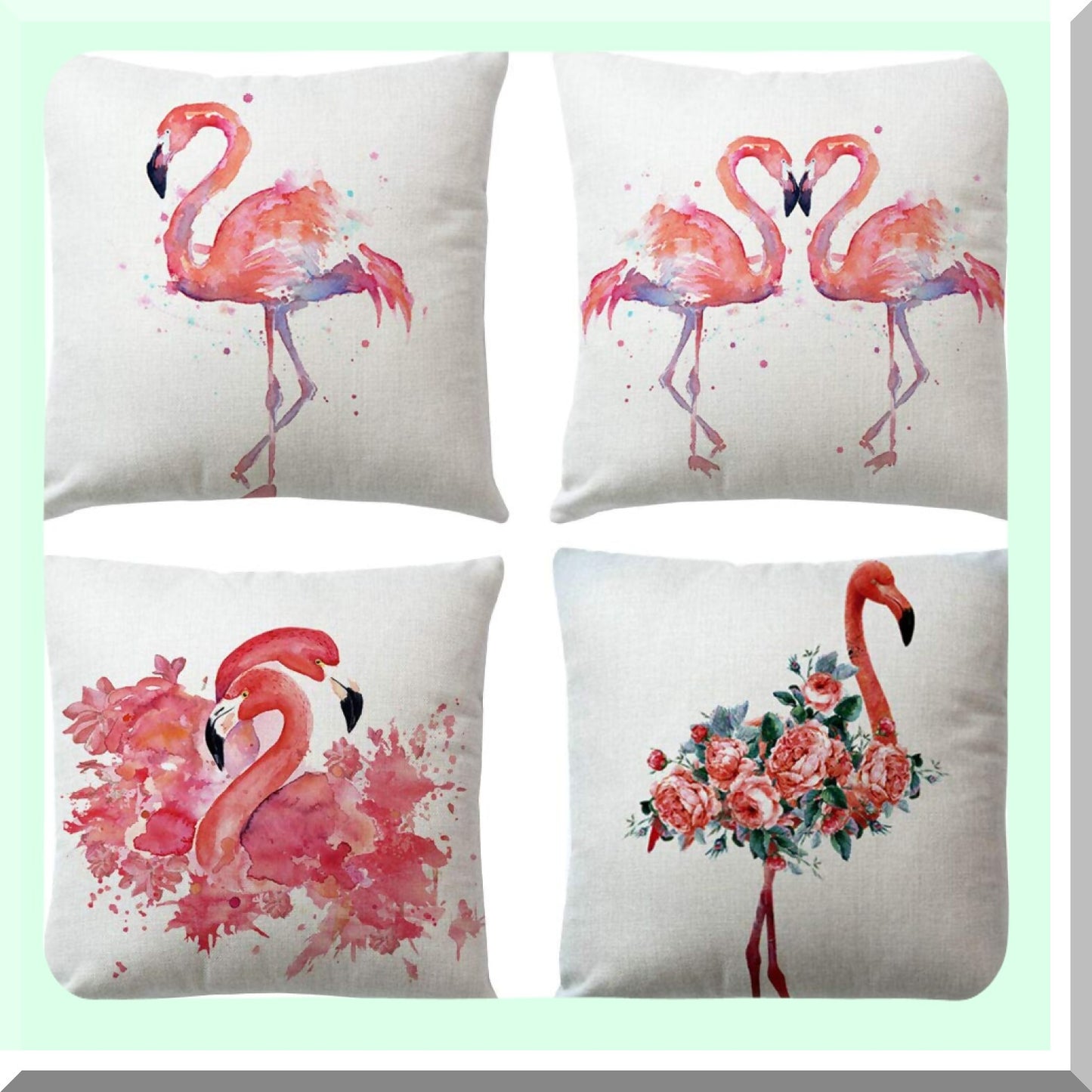 Tropical Flamingo Paradise Pillow Covers - Set of 4 Decorative Cushion Cases, Watercolor Design, Cotton Linen, Home Sofa Decor, 18"x18"