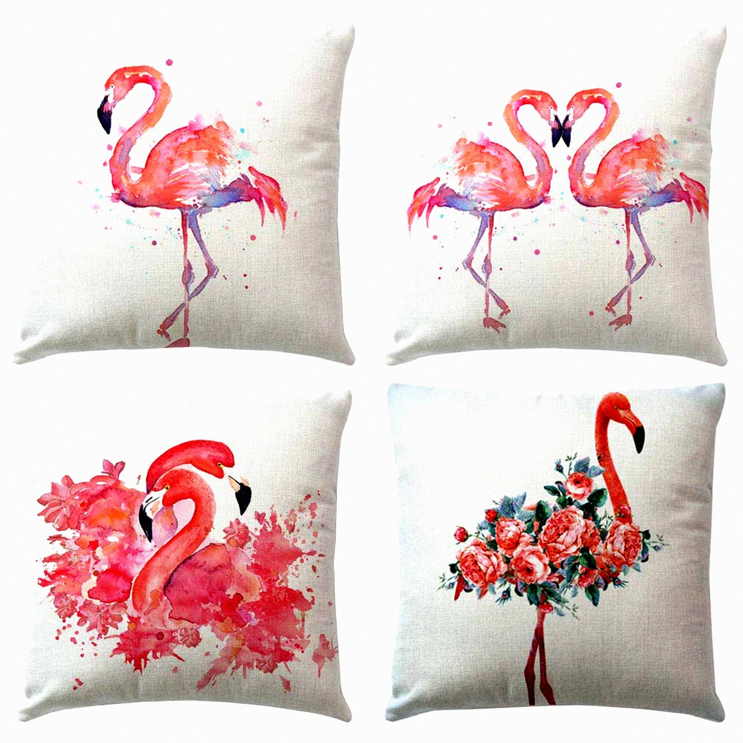 Tropical Flamingo Paradise Pillow Covers - Set of 4 Decorative Cushion Cases, Watercolor Design, Cotton Linen, Home Sofa Decor, 18"x18"