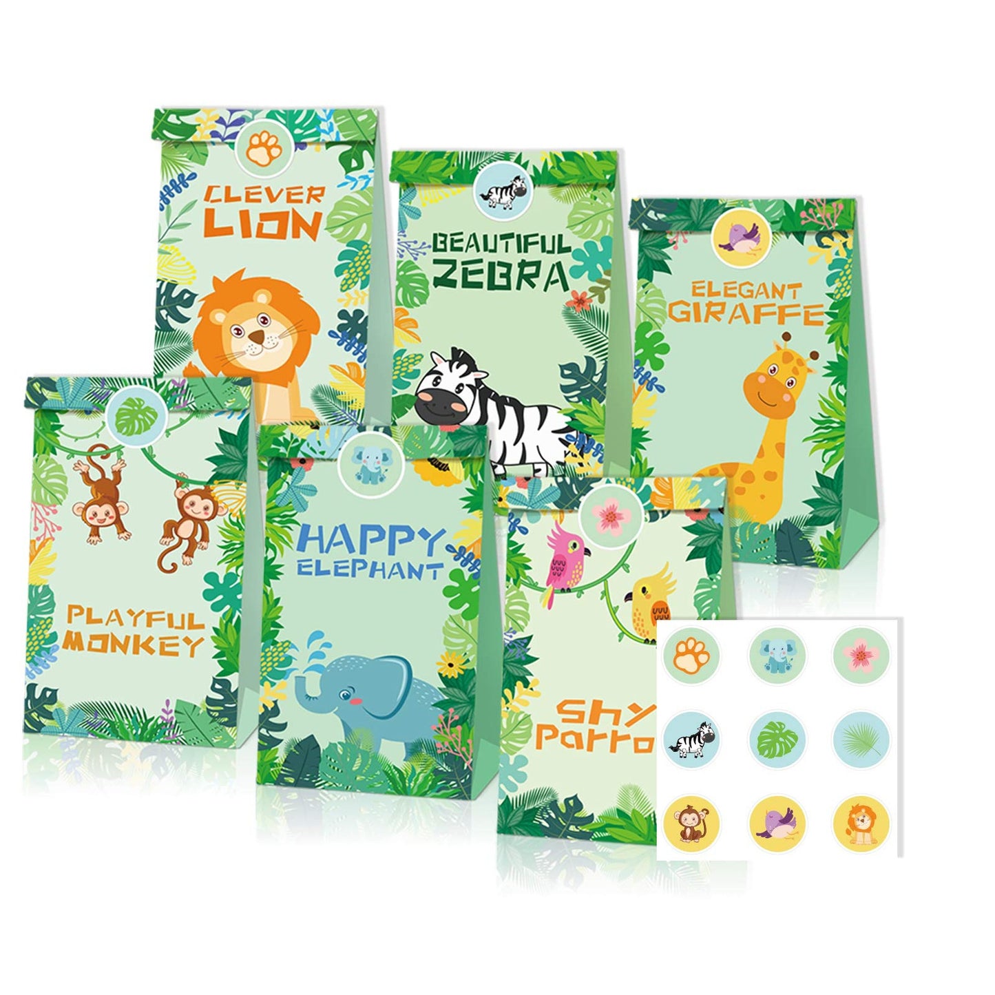 Jungle Safari Treat Bags - 12 Pcs Goody Gift Bags with Stickers for Kids Baby Shower Birthday Party Favor - Jungle Theme Party Supplies