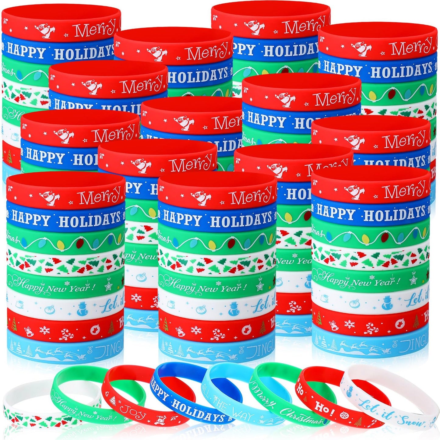 Xmas Wristband Bundle - Silicone Bracelets Set for Holiday Cheer! 120 Pcs Rubber Bands, Merry Stocking Stuffers & Accessories Supplies
